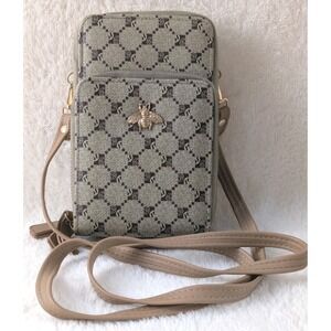 Bee Crossbody‎ Phone Wallet Purse PVC Multi Pocket Organizer Bag Tan Brown